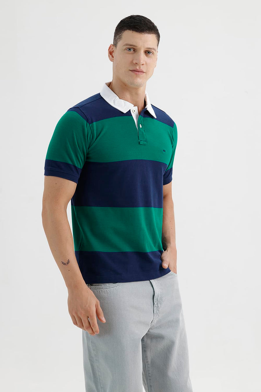 BASICS REGULAR FIT ALPINE GREEN COTTON POLO STRIPE T-SHIRT