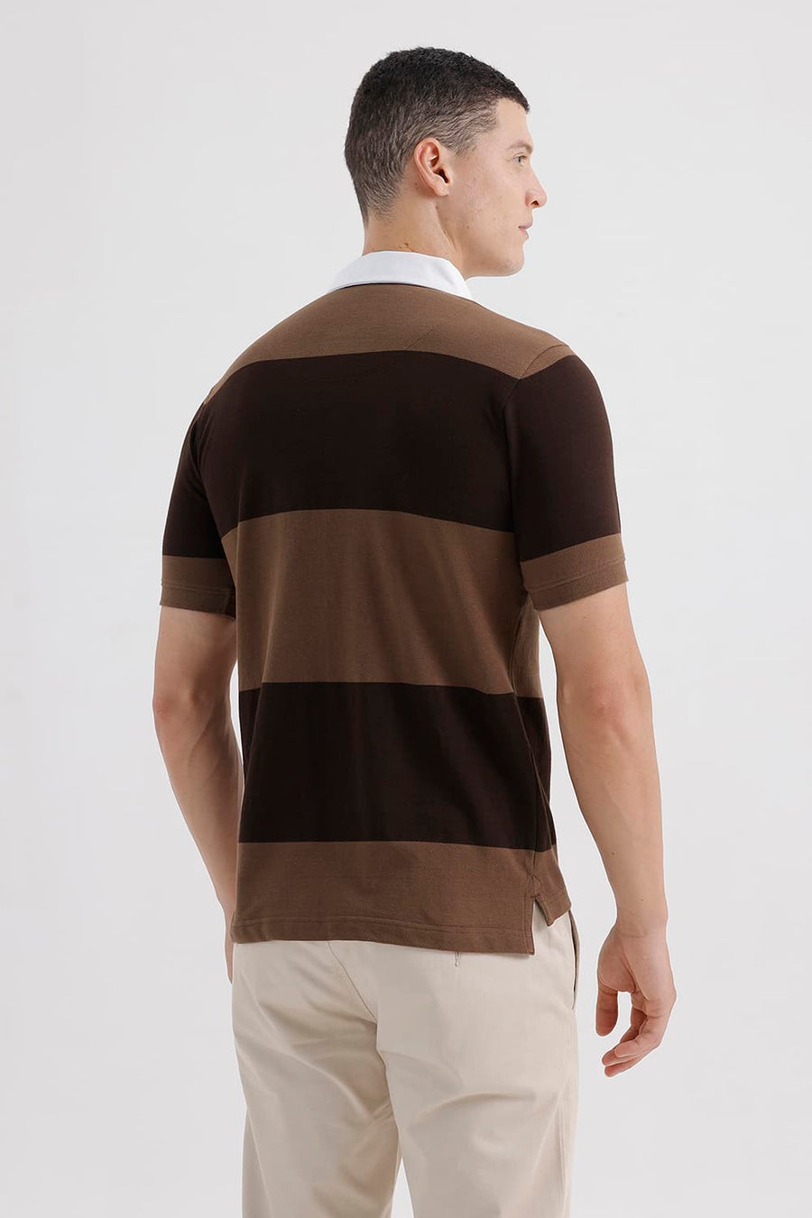 BASICS REGULAR FIT SEPIA COTTON POLO STRIPE T-SHIRT