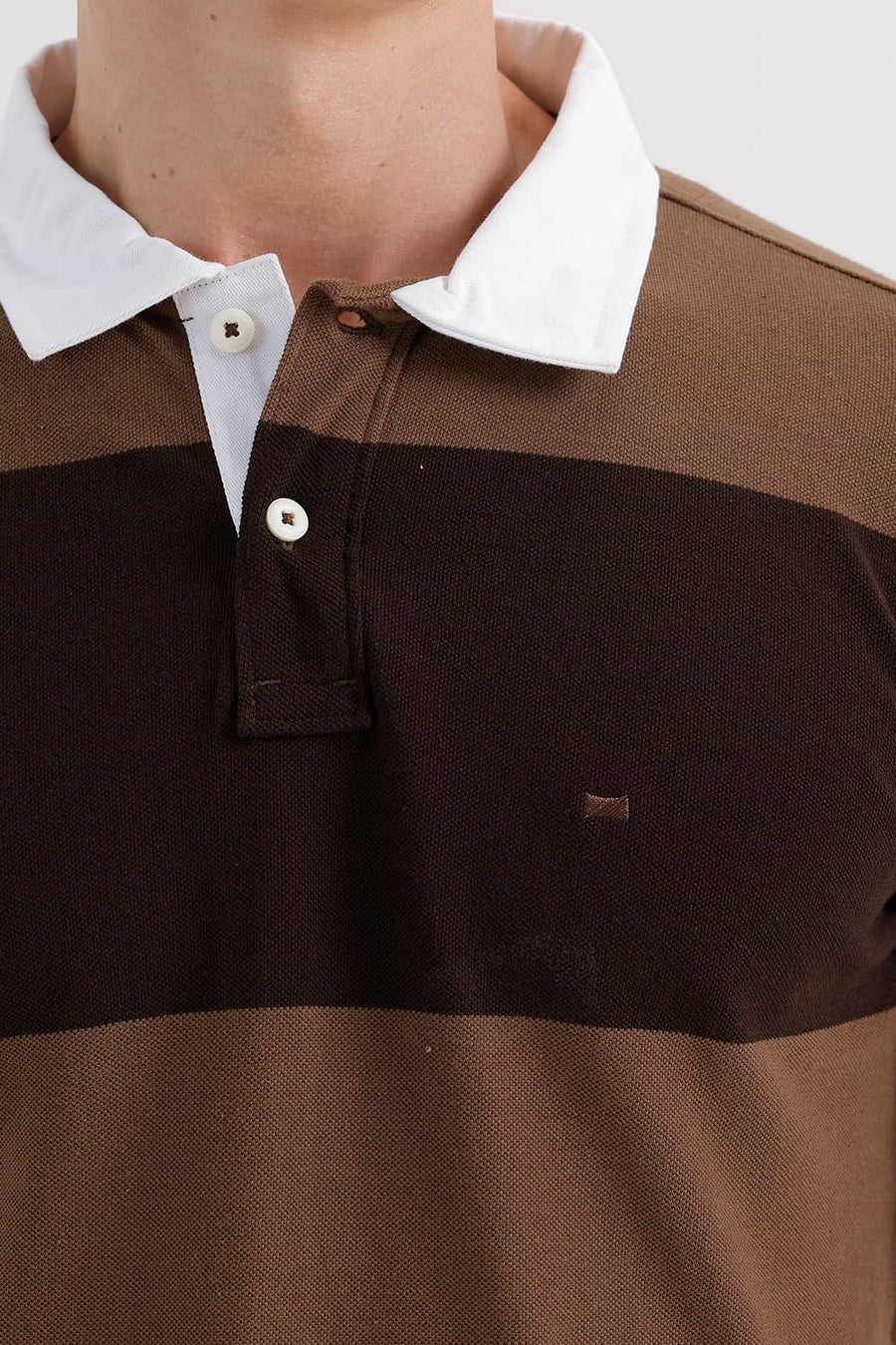 BASICS REGULAR FIT SEPIA COTTON POLO STRIPE T-SHIRT