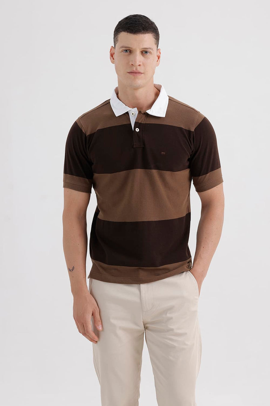 BASICS REGULAR FIT SEPIA COTTON POLO STRIPE T-SHIRT