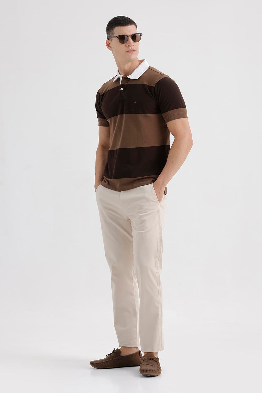 BASICS REGULAR FIT SEPIA COTTON POLO STRIPE T-SHIRT