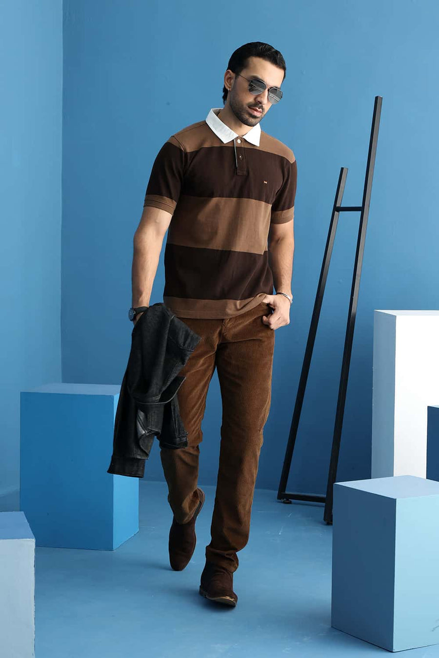 Basics Regular Fit Sepia Cotton Polo Stripe T-Shirt