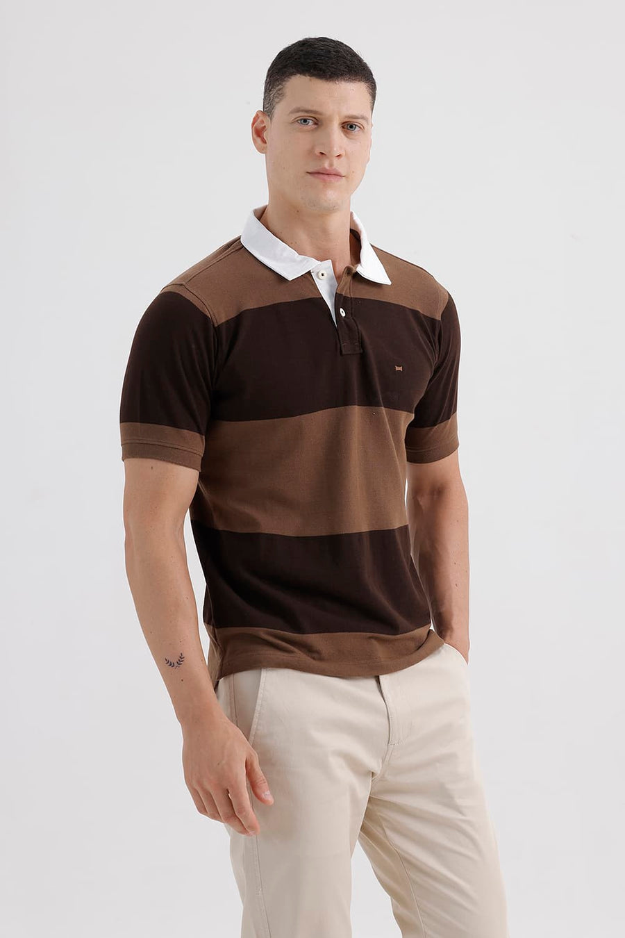 BASICS REGULAR FIT SEPIA COTTON POLO STRIPE T-SHIRT