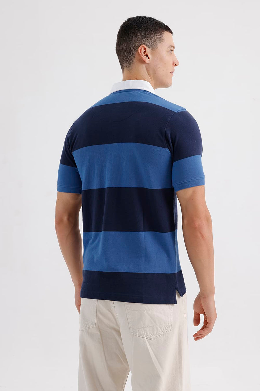 BASICS REGULAR FIT BIJOU BLUE COTTON POLO STRIPE T-SHIRT
