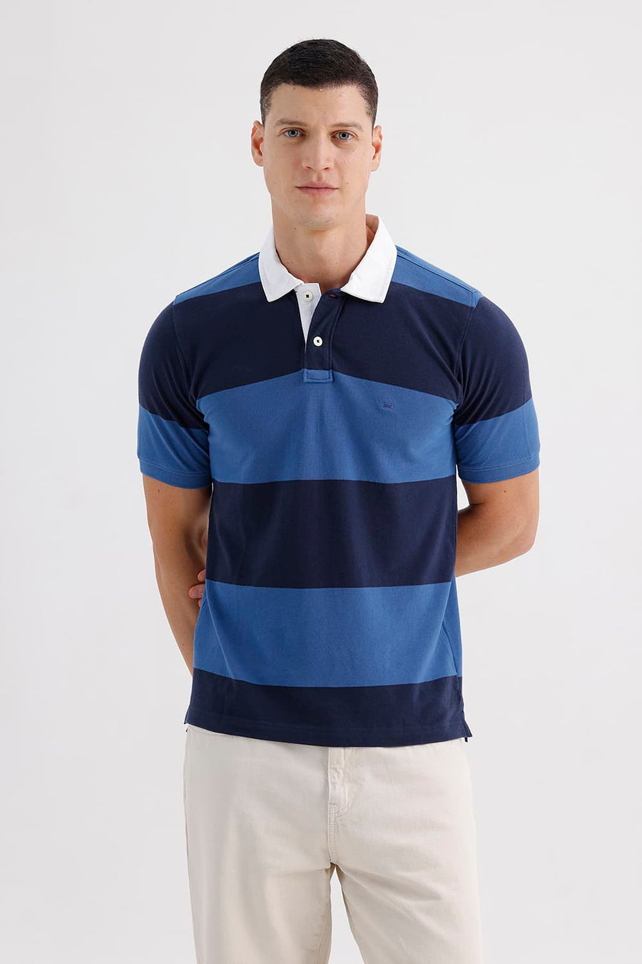 BASICS REGULAR FIT BIJOU BLUE COTTON POLO STRIPE T-SHIRT