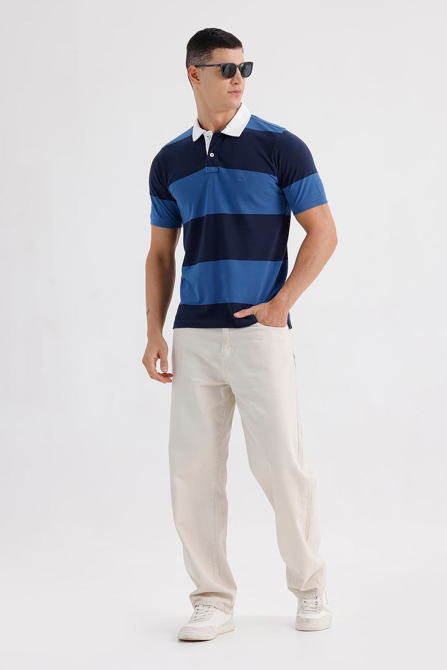 BASICS REGULAR FIT BIJOU BLUE COTTON POLO STRIPE T-SHIRT