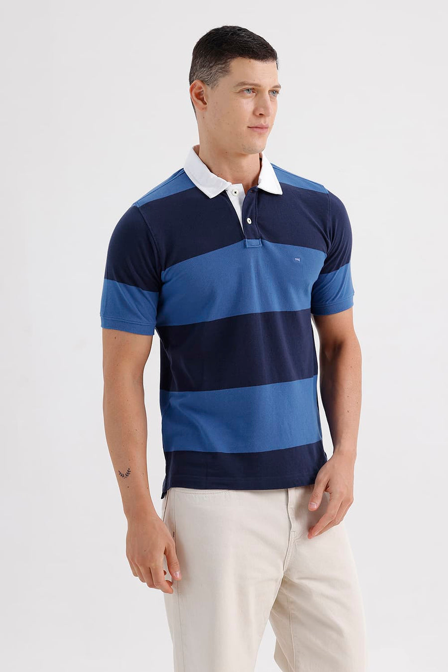 BASICS REGULAR FIT BIJOU BLUE COTTON POLO STRIPE T-SHIRT