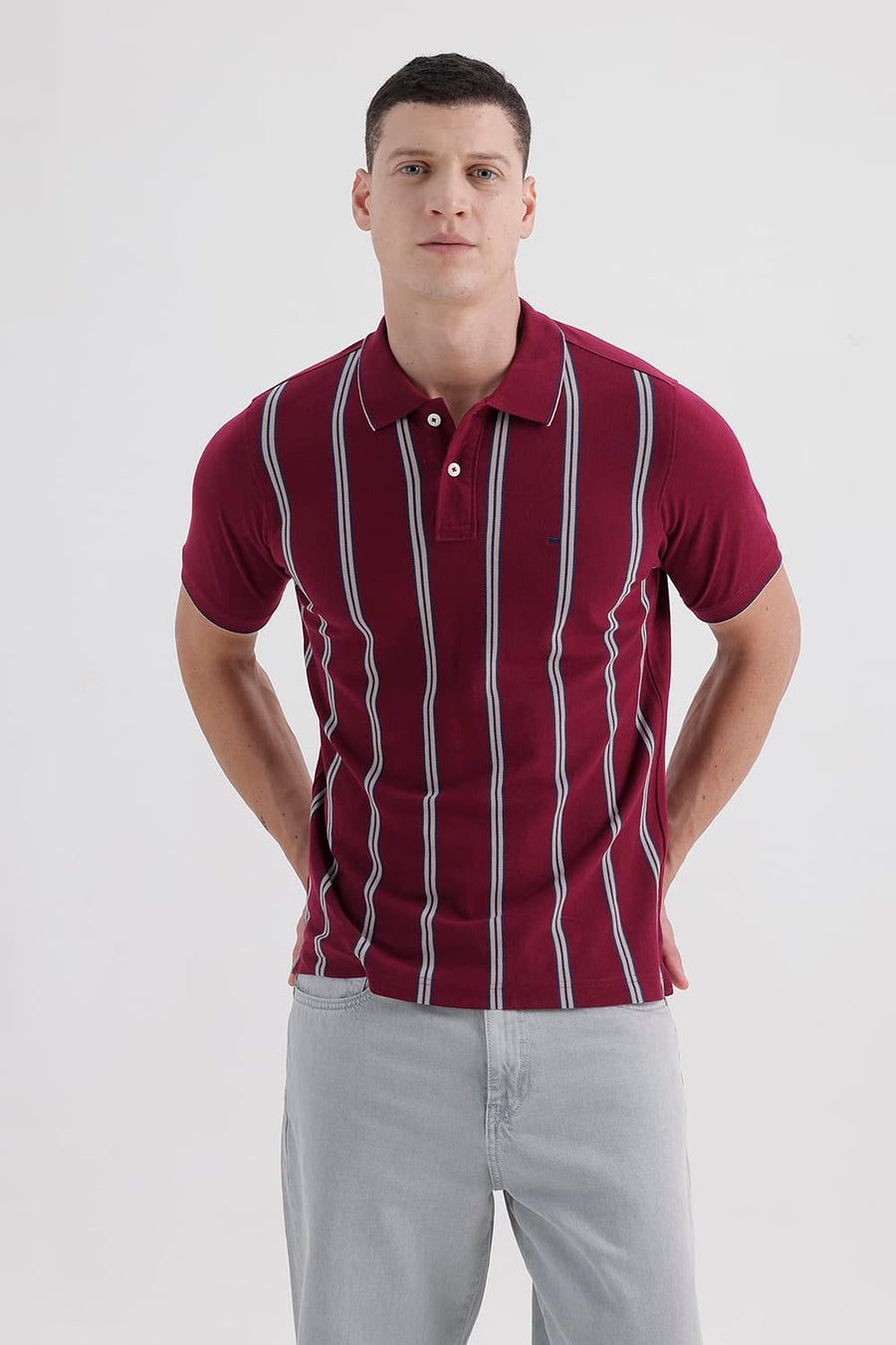 BASICS REGULAR FIT RHUBARB COTTON POLO STRIPE T-SHIRT