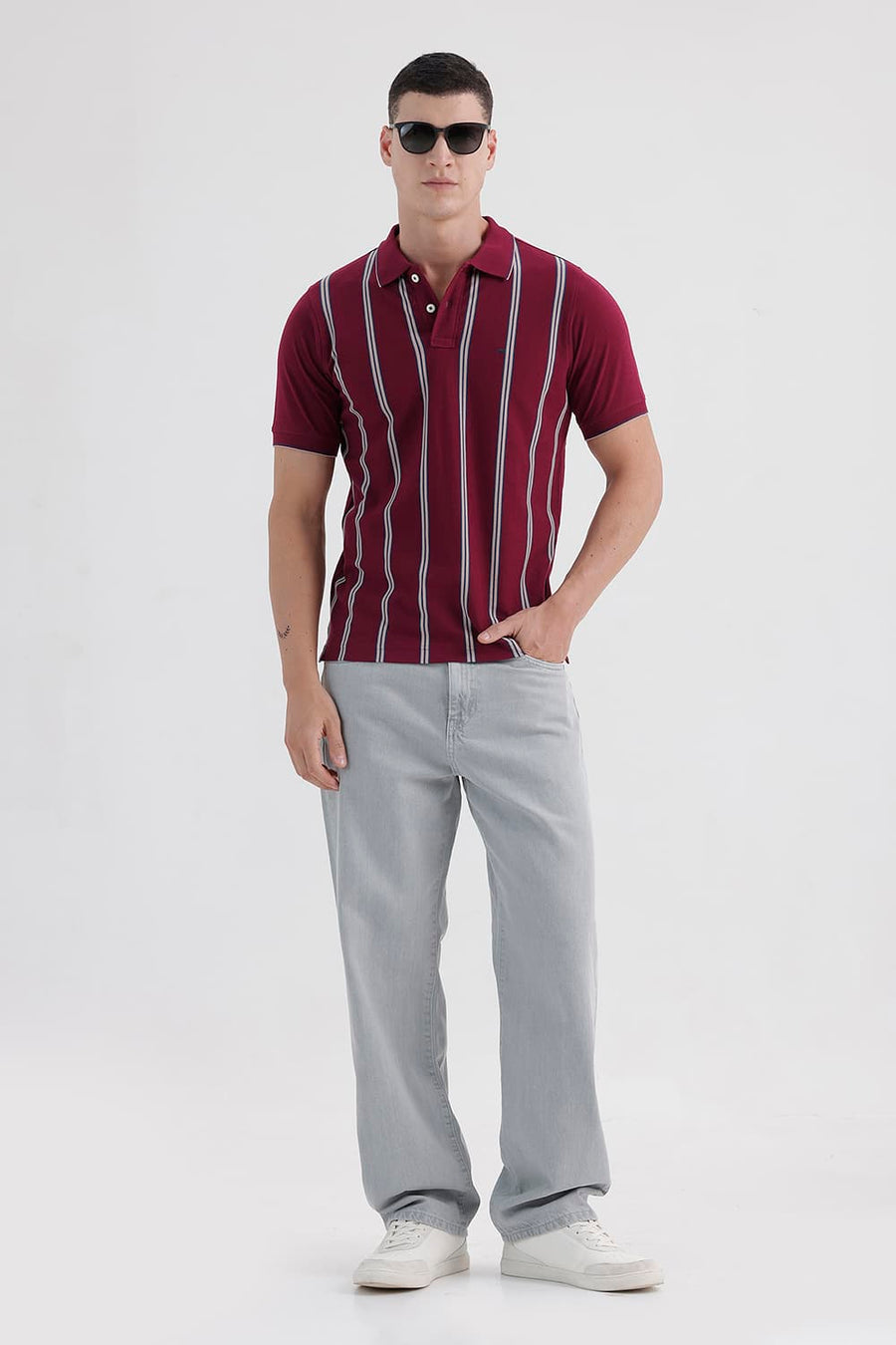 BASICS REGULAR FIT RHUBARB COTTON POLO STRIPE T-SHIRT