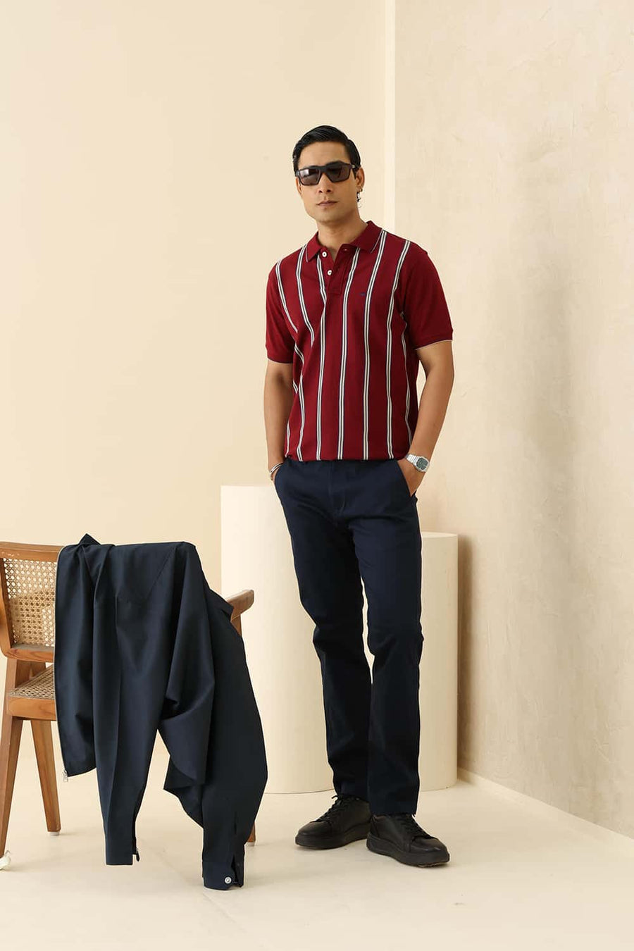 Basics Regular Fit Rhubarb Cotton Polo Stripe T-Shirt