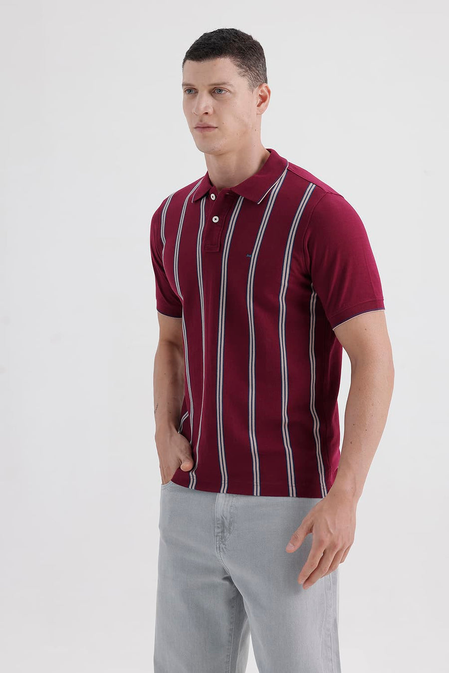 BASICS REGULAR FIT RHUBARB COTTON POLO STRIPE T-SHIRT