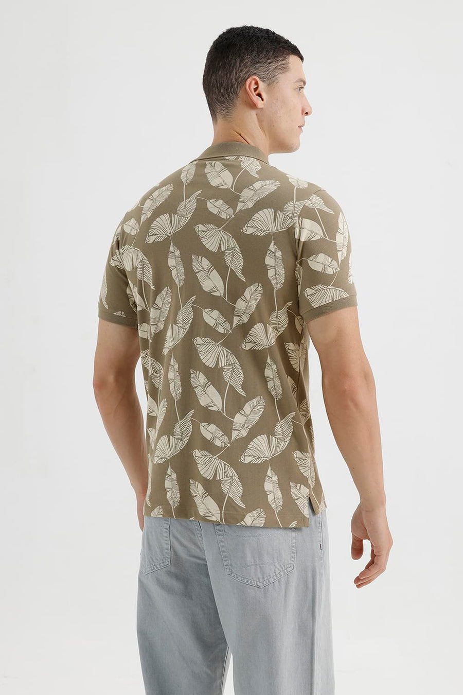 BASICS REGULAR FIT COVERT GREEN COTTON PRINTED POLO T-SHIRT