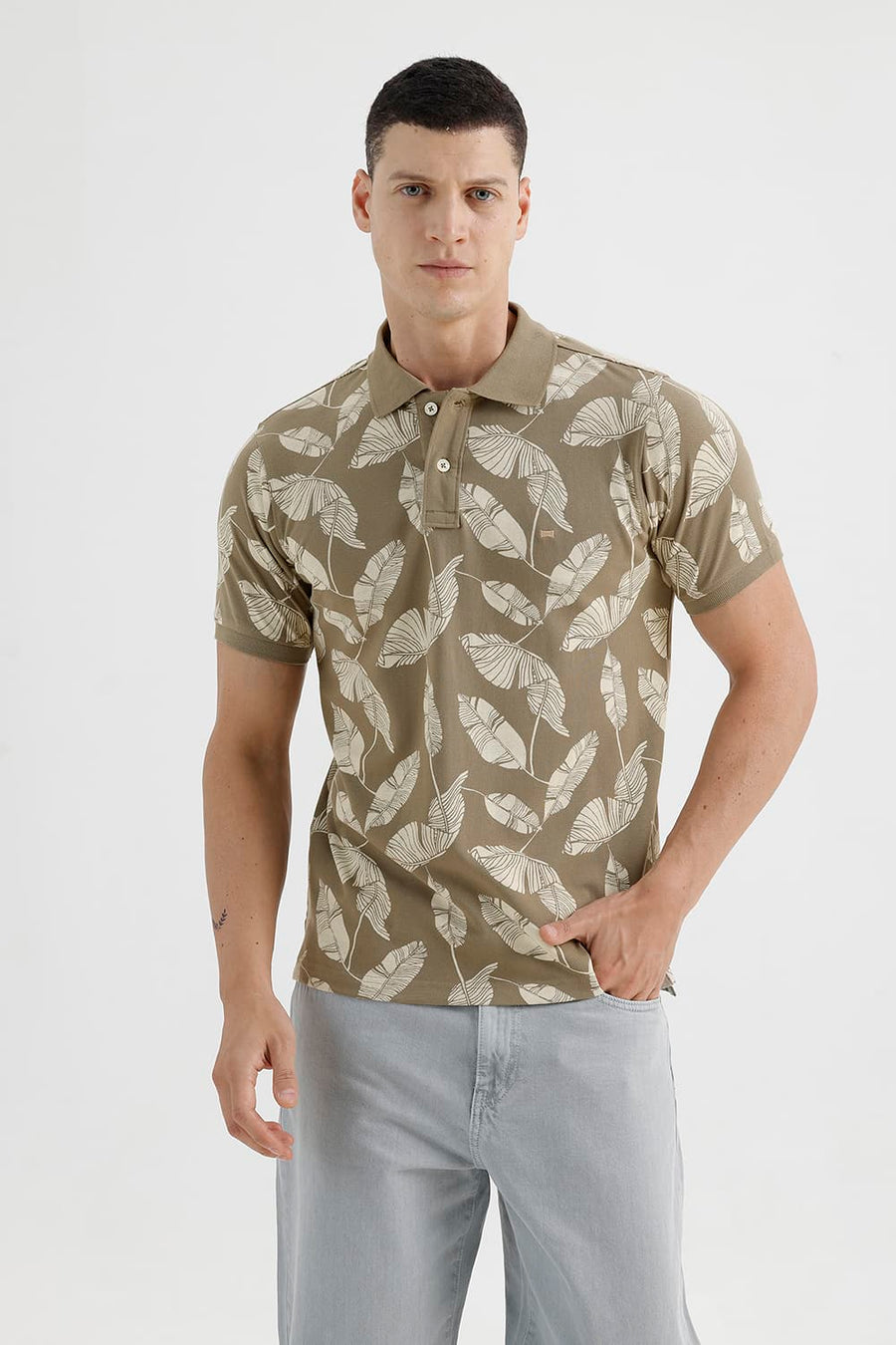 BASICS REGULAR FIT COVERT GREEN COTTON PRINTED POLO T-SHIRT