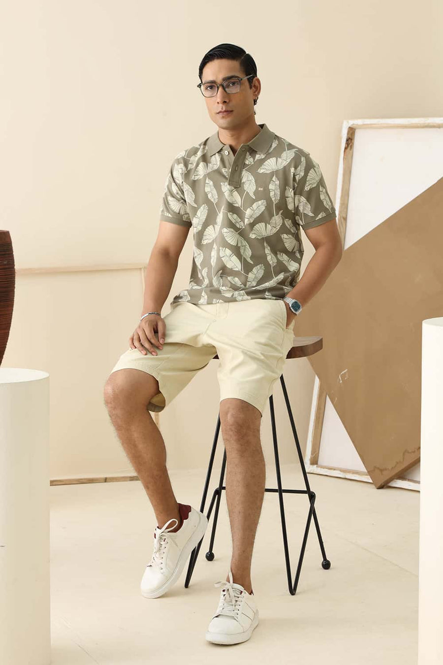 Basics Regular Fit Covert Green Cotton Printed Polo T-Shirt
