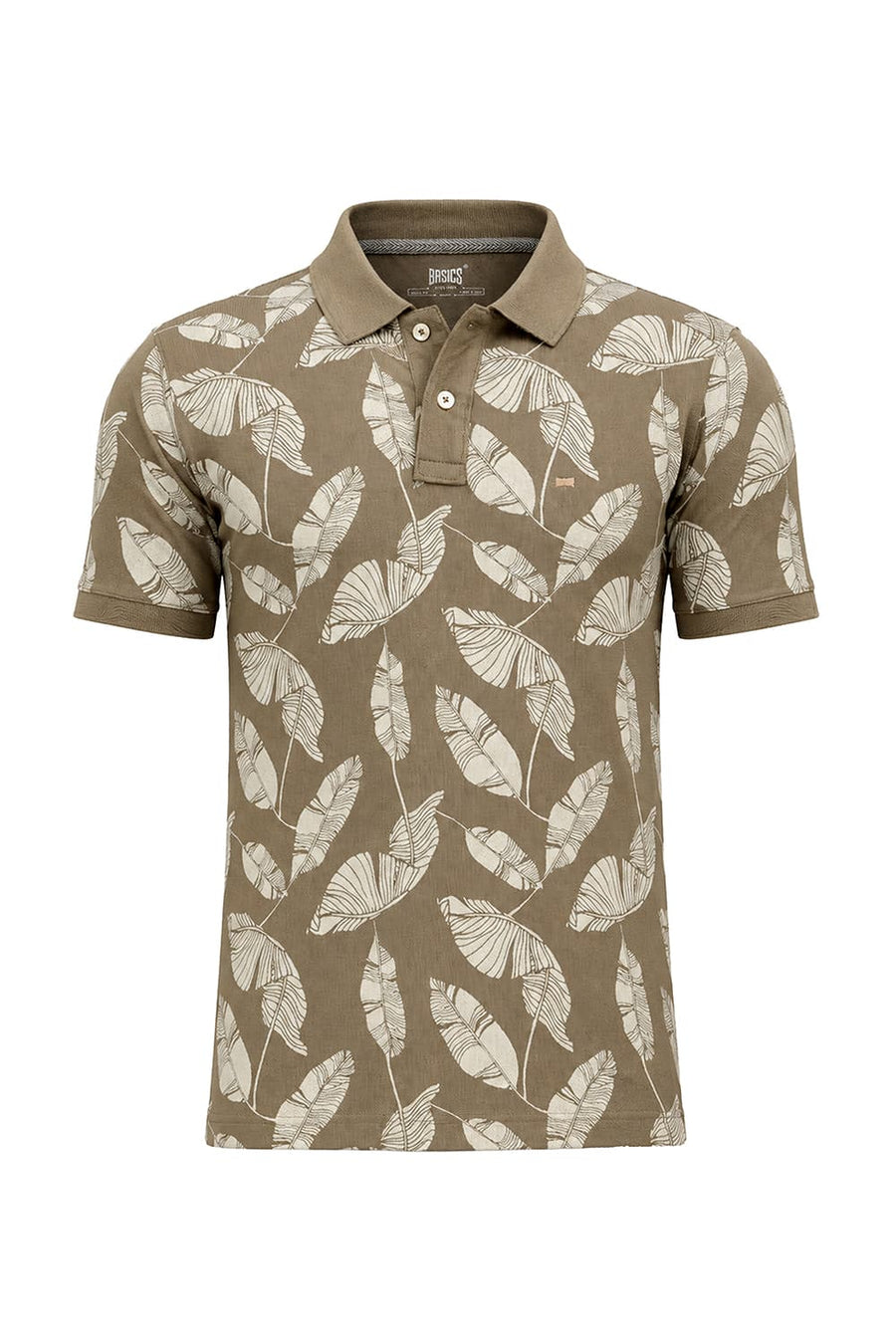 BASICS REGULAR FIT COVERT GREEN COTTON PRINTED POLO T-SHIRT