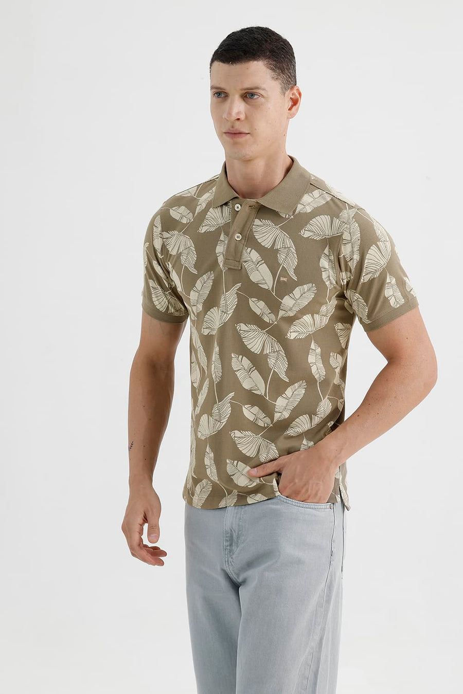 BASICS REGULAR FIT COVERT GREEN COTTON PRINTED POLO T-SHIRT