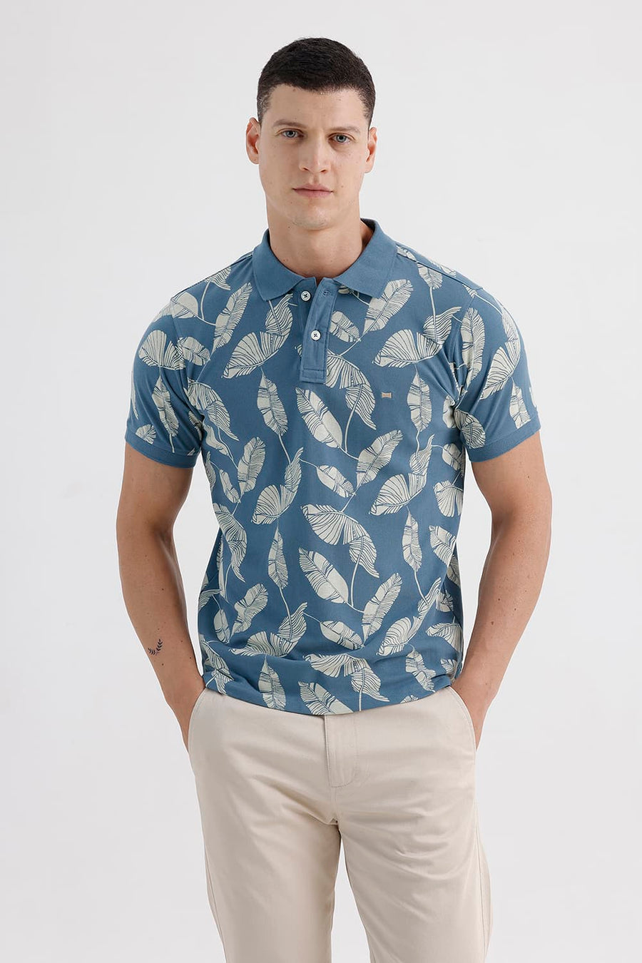 BASICS REGULAR FIT OCEANVIEW COTTON PRINTED POLO T-SHIRT