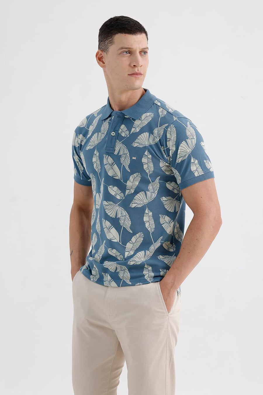BASICS REGULAR FIT OCEANVIEW COTTON PRINTED POLO T-SHIRT