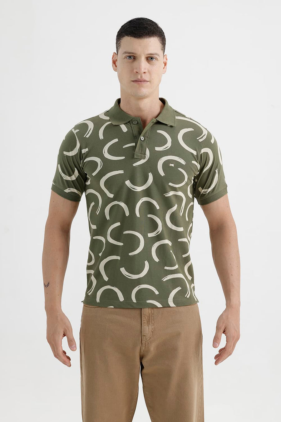 BASICS REGULAR FIT WINTER MOSS COTTON PRINTED POLO T-SHIRT