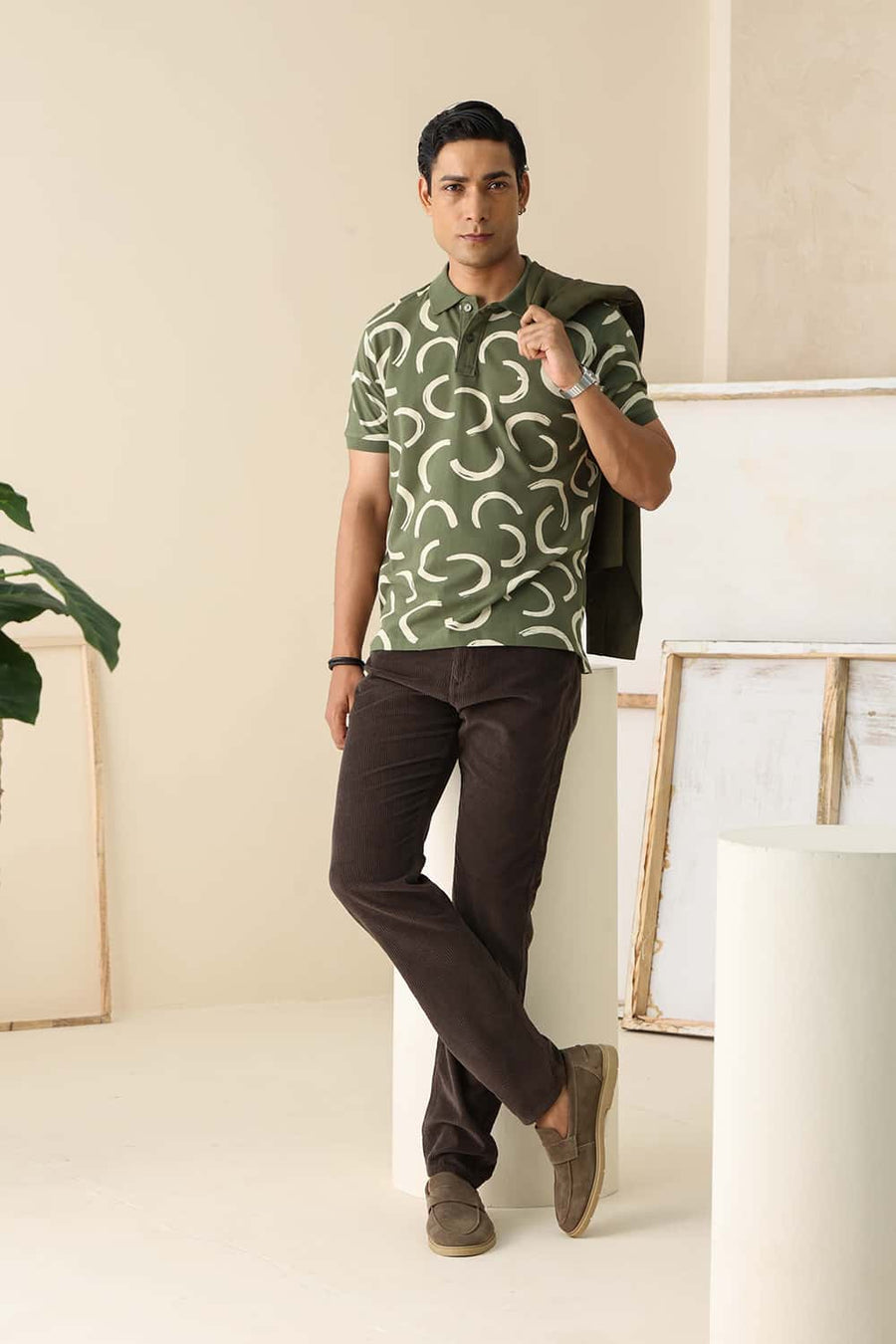 Basics Regular Fit Winter Moss Cotton Printed Polo T-Shirt
