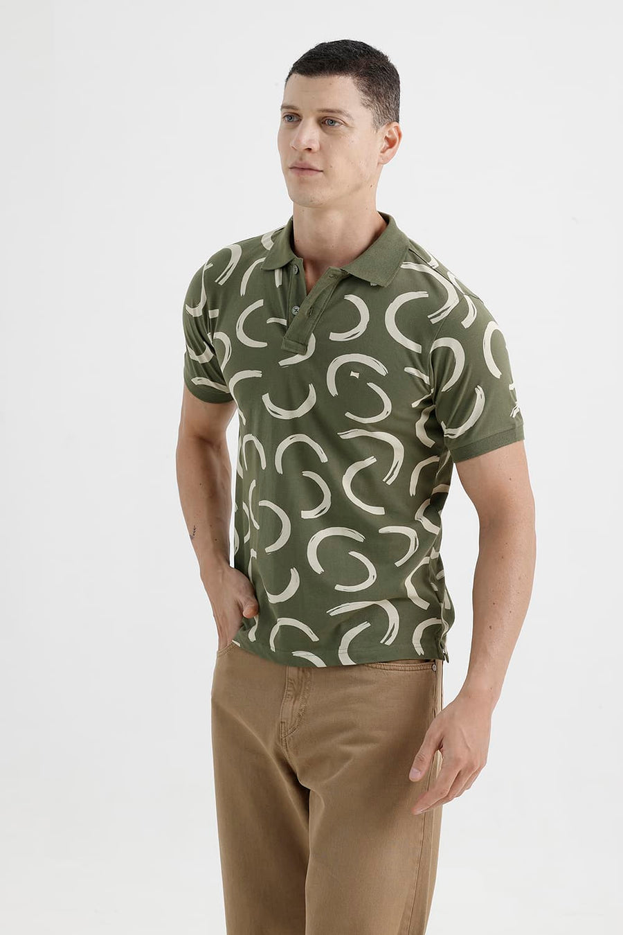 BASICS REGULAR FIT WINTER MOSS COTTON PRINTED POLO T-SHIRT