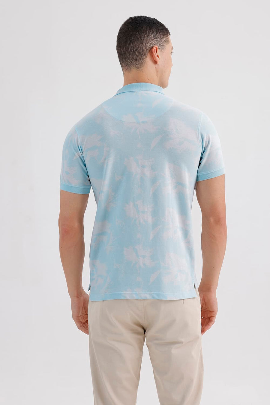 BASICS REGULAR FIT DELICATE BLUE COTTON PRINTED POLO T-SHIRT
