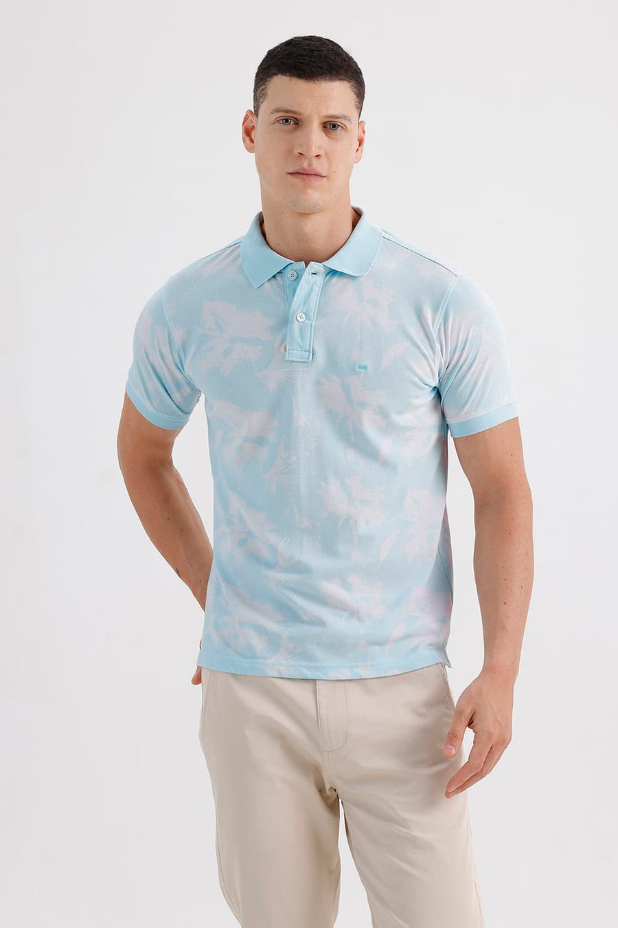 BASICS REGULAR FIT DELICATE BLUE COTTON PRINTED POLO T-SHIRT