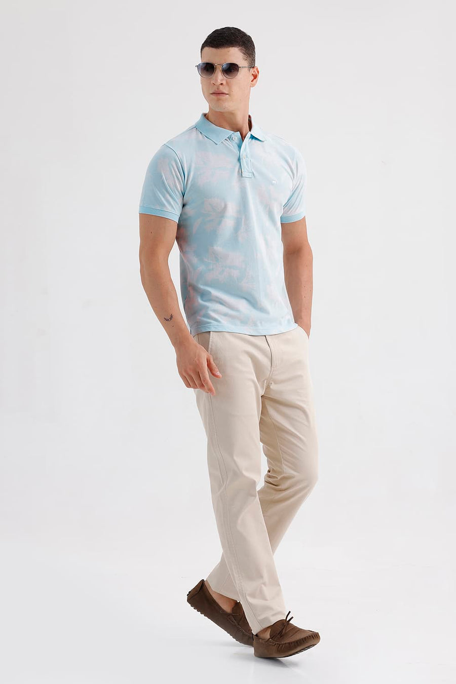 BASICS REGULAR FIT DELICATE BLUE COTTON PRINTED POLO T-SHIRT