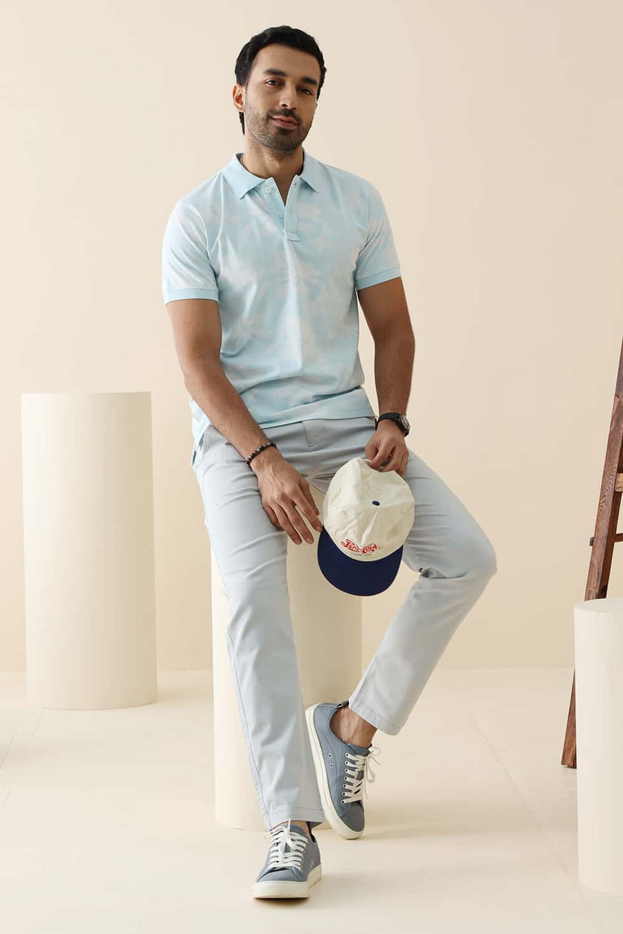 Basics Regular Fit Delicate Blue Cotton Printed Polo T-Shirt