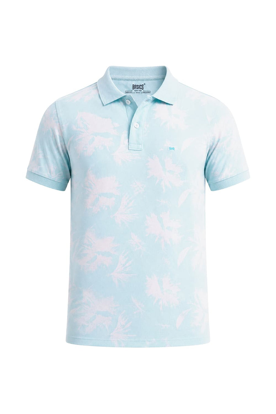 BASICS REGULAR FIT DELICATE BLUE COTTON PRINTED POLO T-SHIRT
