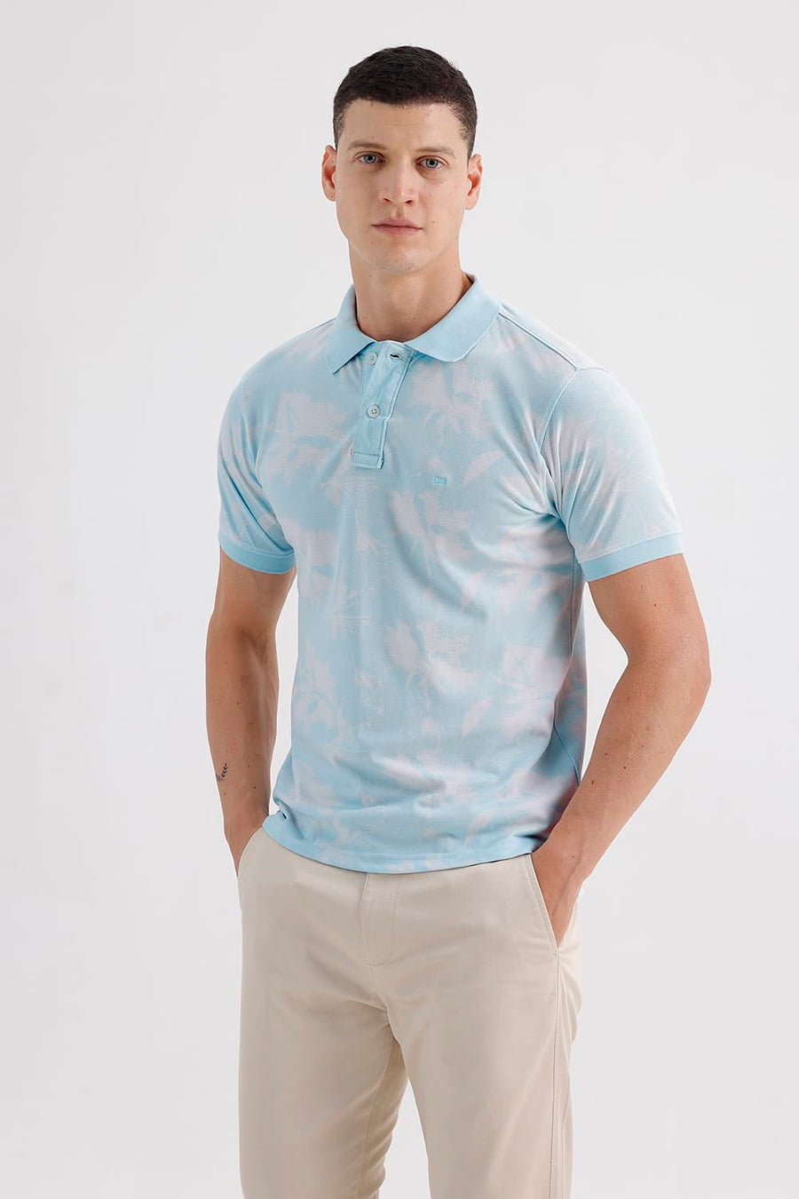BASICS REGULAR FIT DELICATE BLUE COTTON PRINTED POLO T-SHIRT