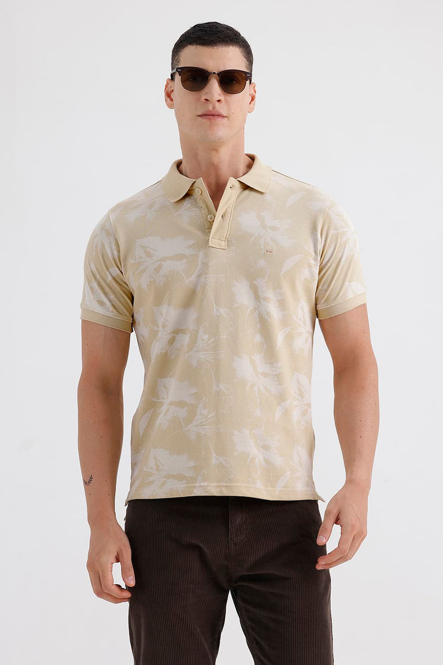 BASICS REGULAR FIT WOOD ASH COTTON PRINTED POLO T-SHIRT