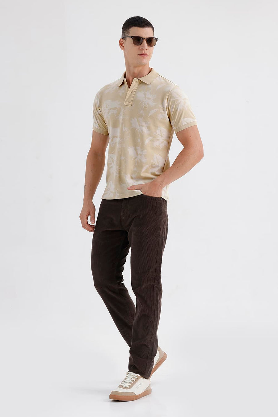 BASICS REGULAR FIT WOOD ASH COTTON PRINTED POLO T-SHIRT