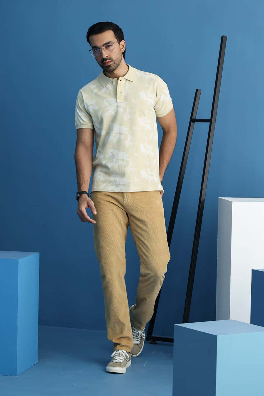 Basics Regular Fit Wood Ash Cotton Printed Polo T-Shirt