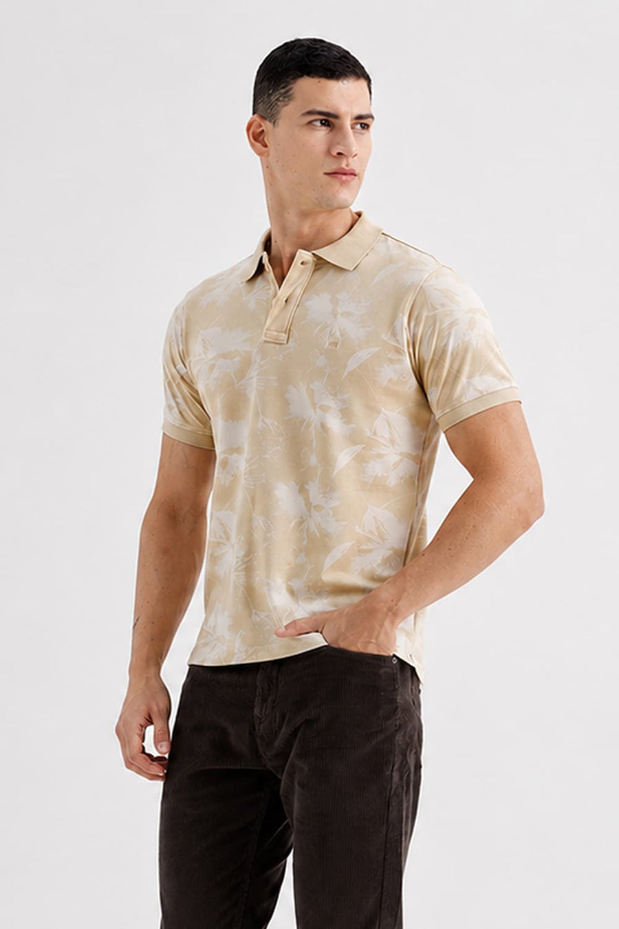 BASICS REGULAR FIT WOOD ASH COTTON PRINTED POLO T-SHIRT