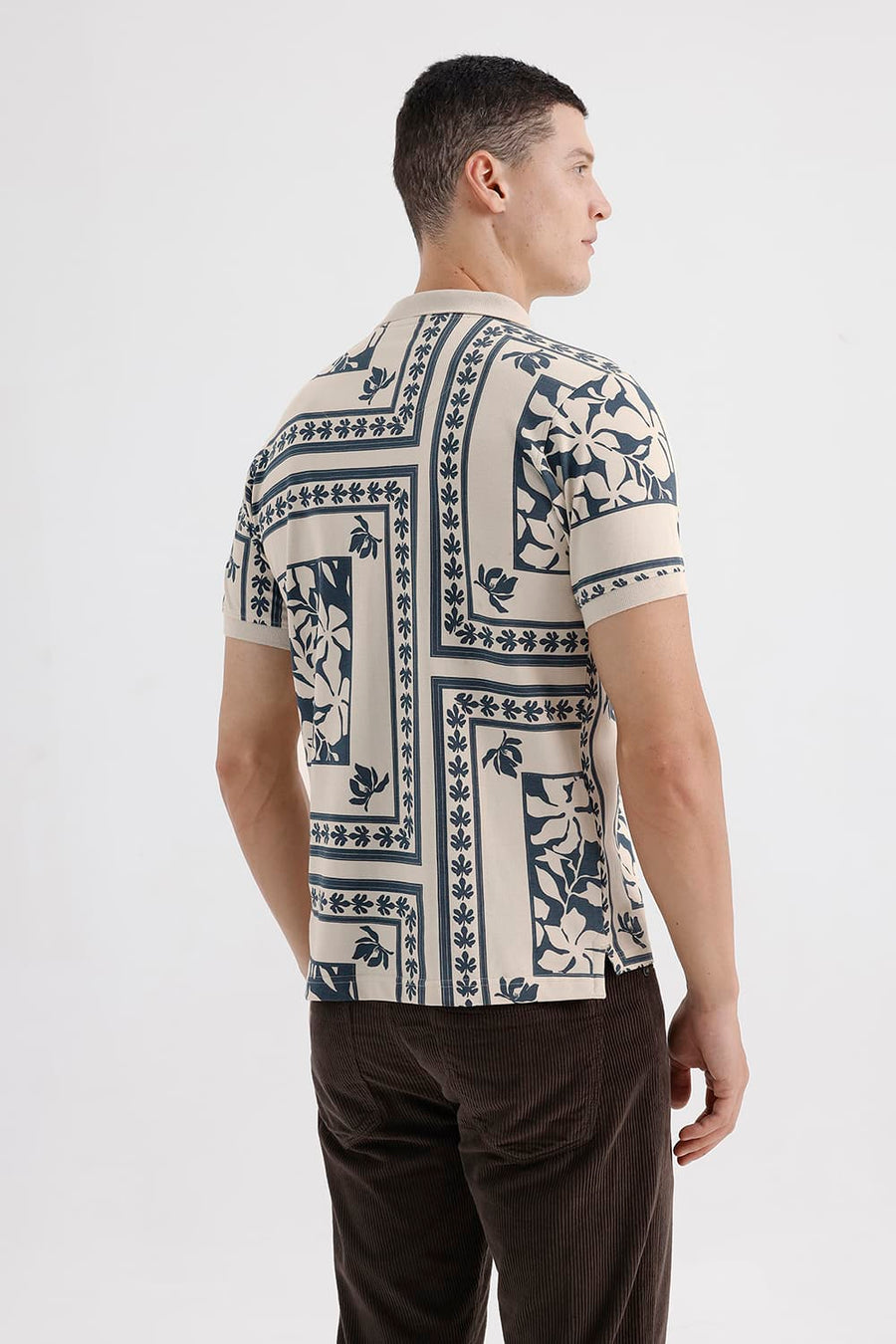 BASICS REGULAR FIT OYSTER GRAY COTTON PRINTED POLO T-SHIRT