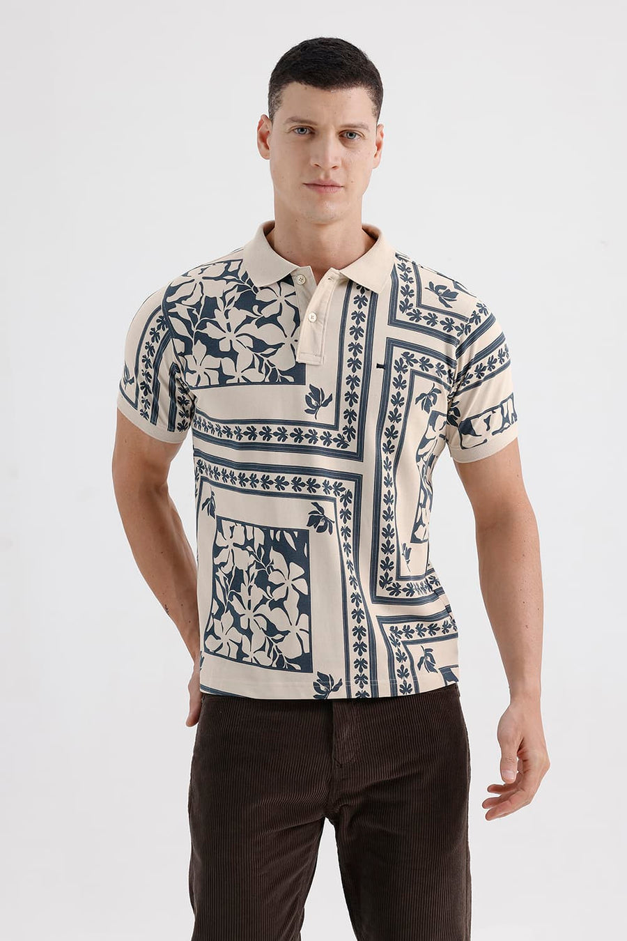 BASICS REGULAR FIT OYSTER GRAY COTTON PRINTED POLO T-SHIRT
