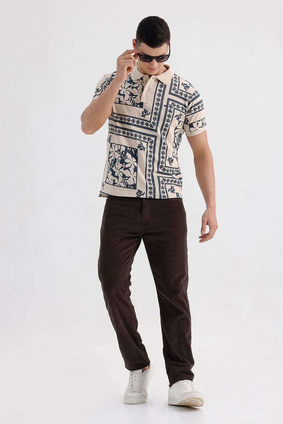 BASICS REGULAR FIT OYSTER GRAY COTTON PRINTED POLO T-SHIRT