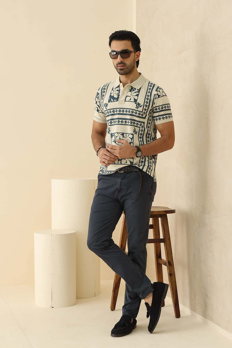 Basics Regular Fit Oyster Gray Cotton Printed Polo T-Shirt