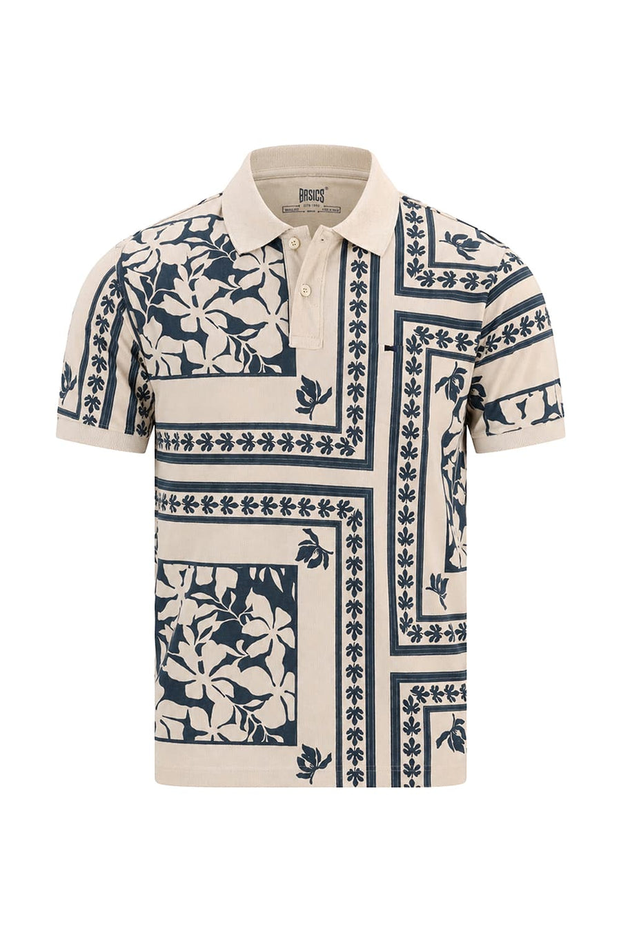 BASICS REGULAR FIT OYSTER GRAY COTTON PRINTED POLO T-SHIRT