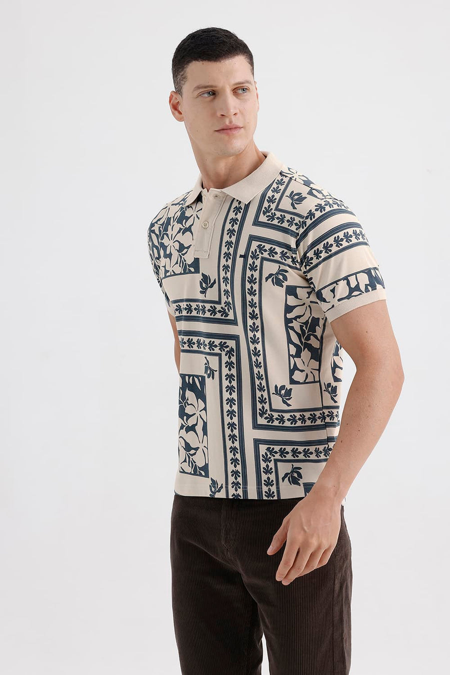 BASICS REGULAR FIT OYSTER GRAY COTTON PRINTED POLO T-SHIRT