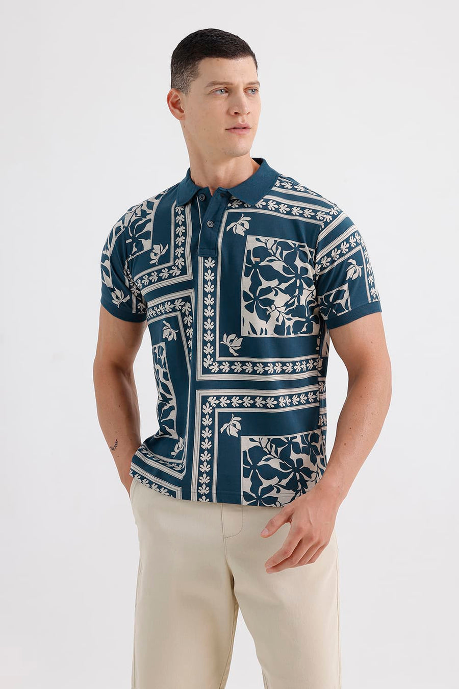BASICS REGULAR FIT REFLECTING POND COTTON PRINTED POLO T-SHIRT