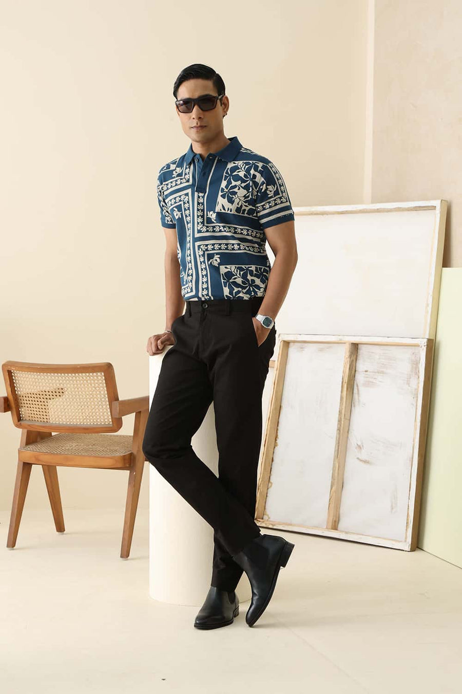 Basics Regular Fit Reflecting Pond Cotton Printed Polo T-Shirt