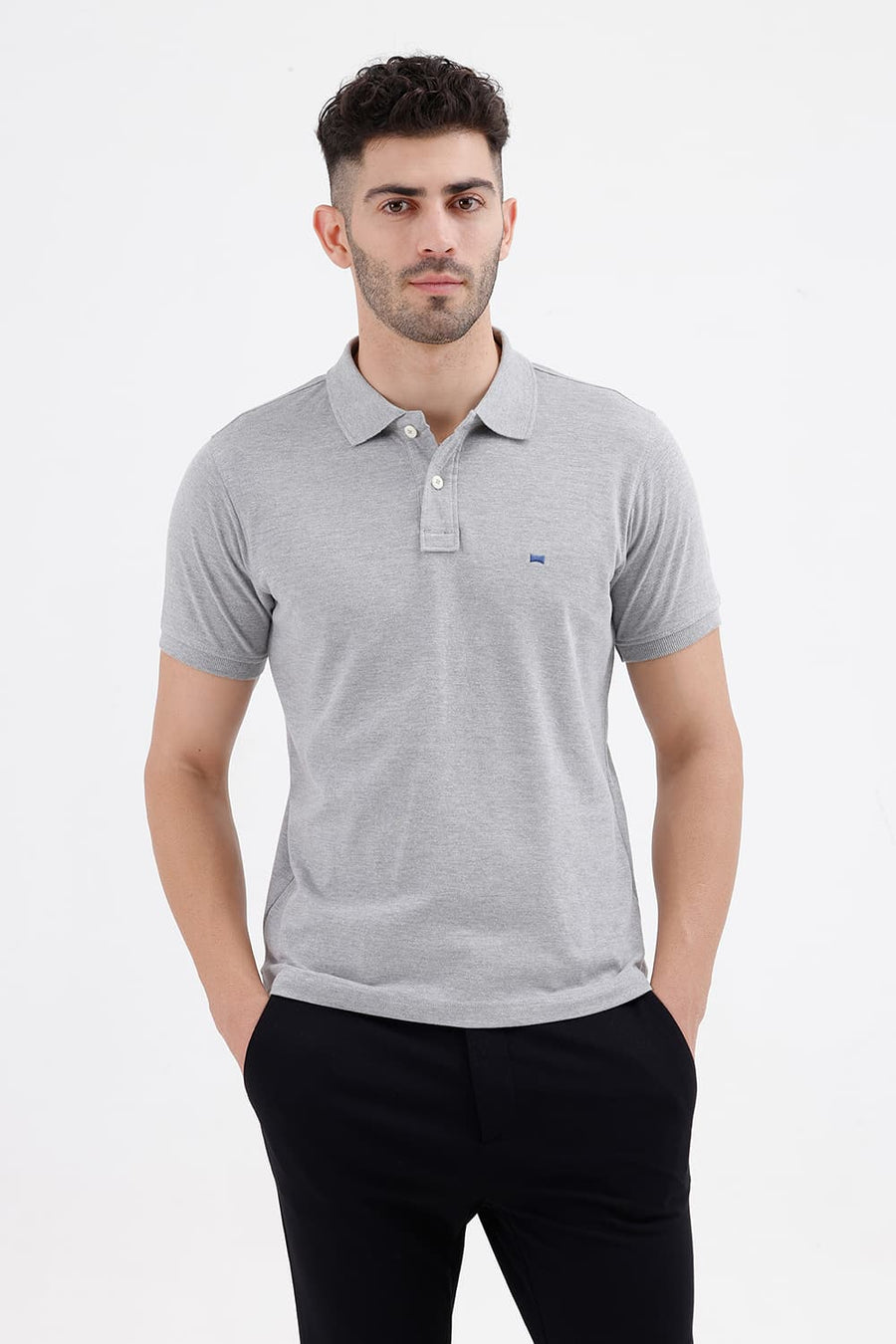 BASICS REGULAR FIT GREY MELANGE COTTON POLYESTER POLO T-SHIRT