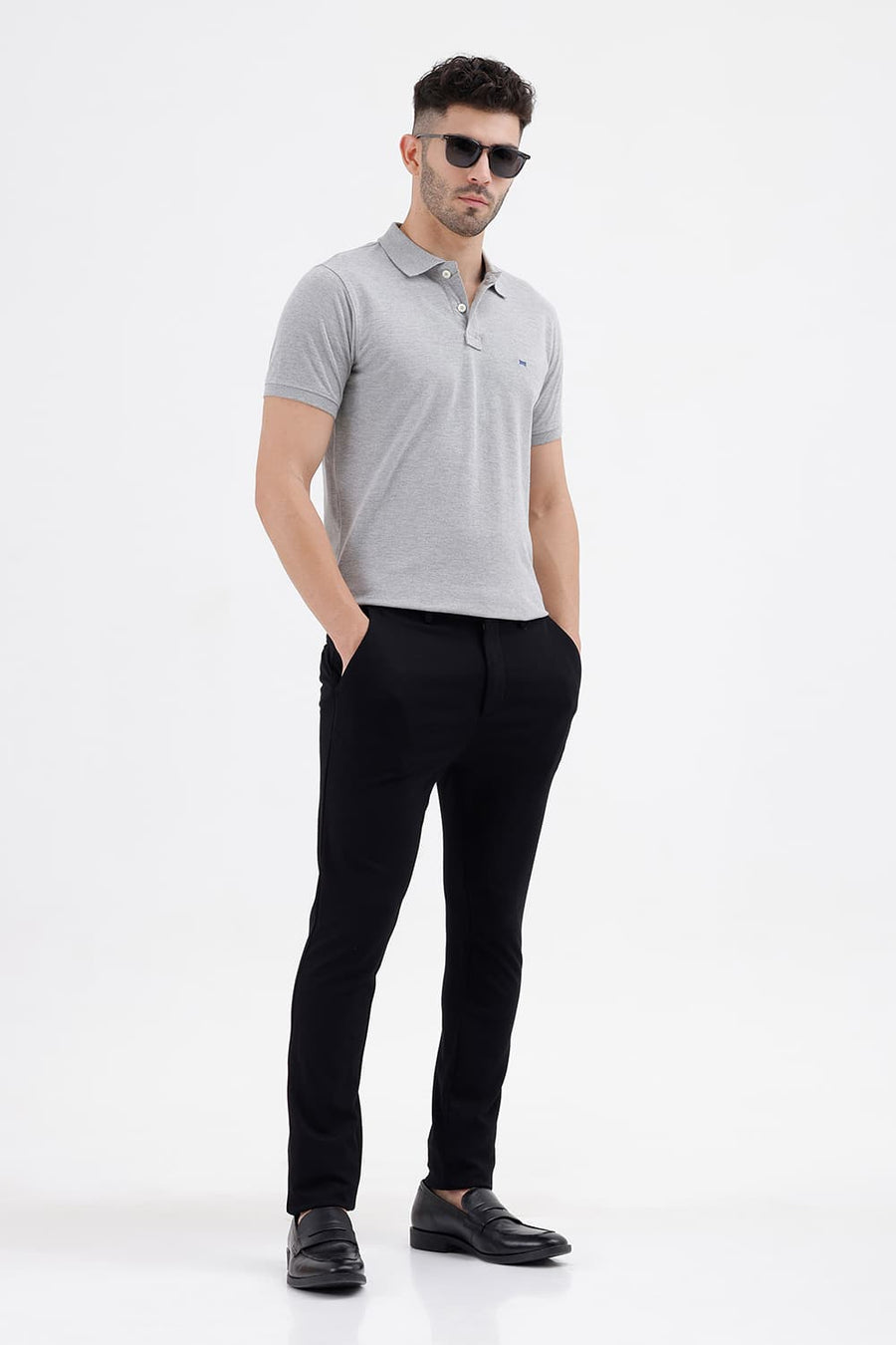 BASICS REGULAR FIT GREY MELANGE COTTON POLYESTER POLO T-SHIRT