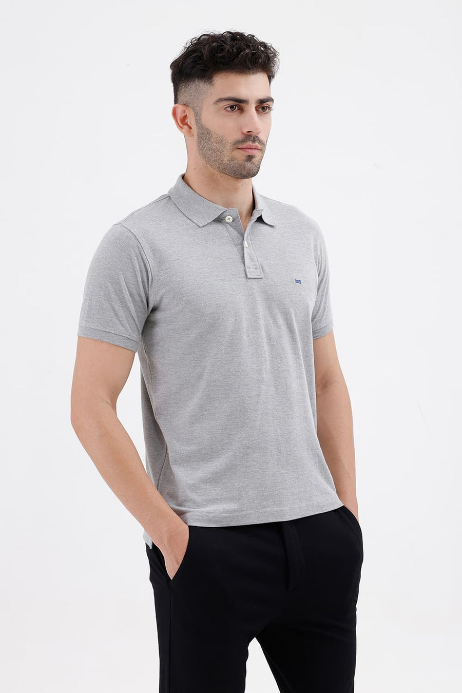 BASICS REGULAR FIT GREY MELANGE COTTON POLYESTER POLO T-SHIRT