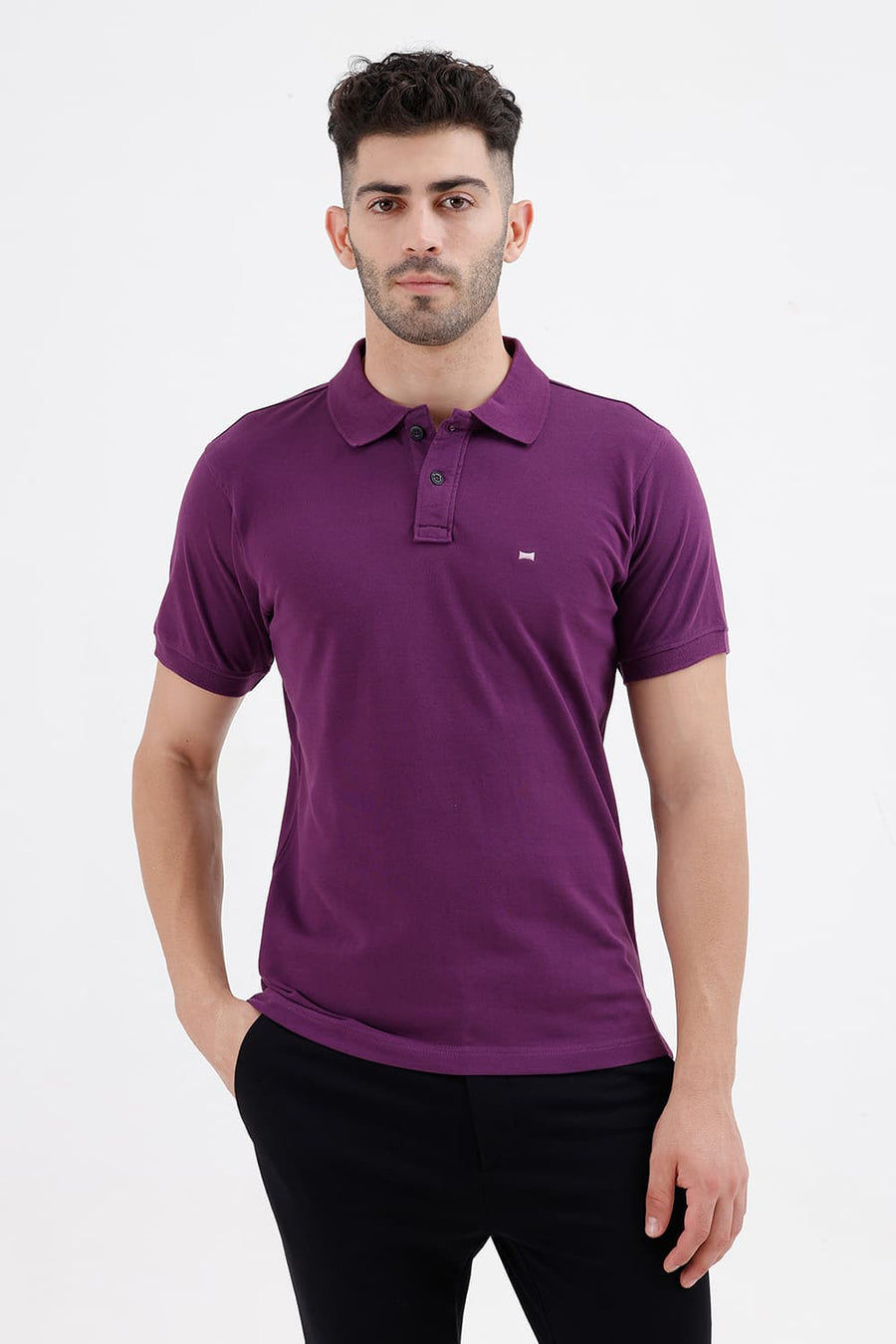 BASICS REGULAR FIT PLUM COTTON POLO T-SHIRT