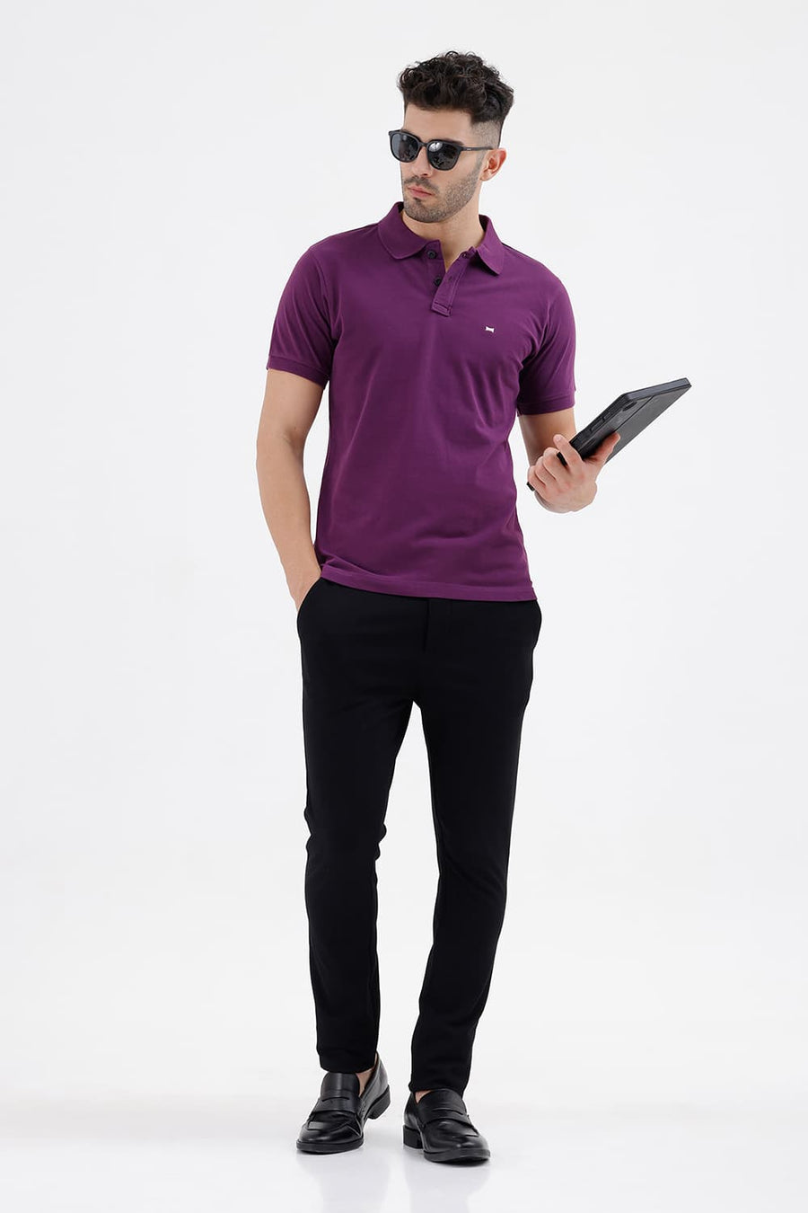 BASICS REGULAR FIT PLUM COTTON POLO T-SHIRT