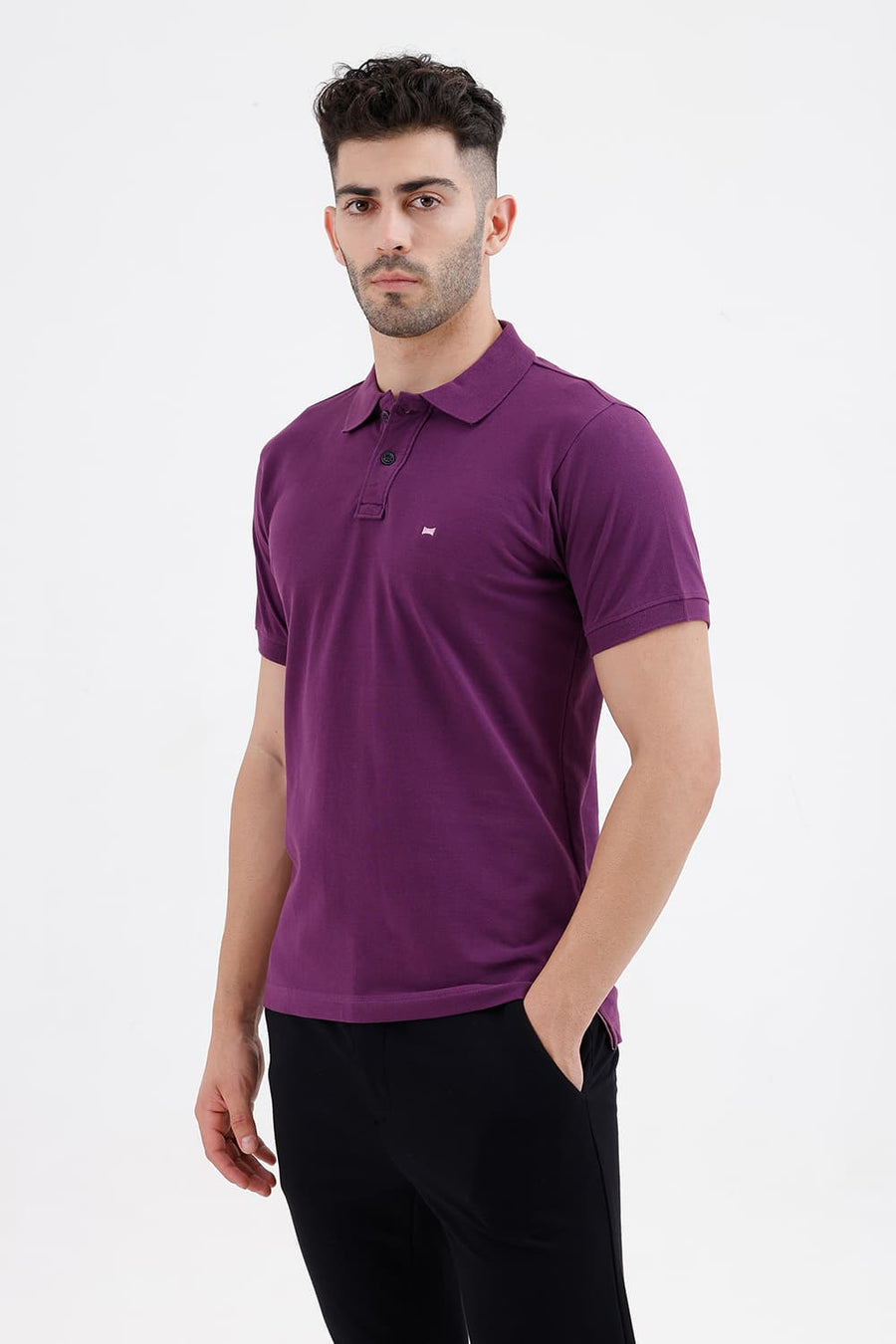 BASICS REGULAR FIT PLUM COTTON POLO T-SHIRT
