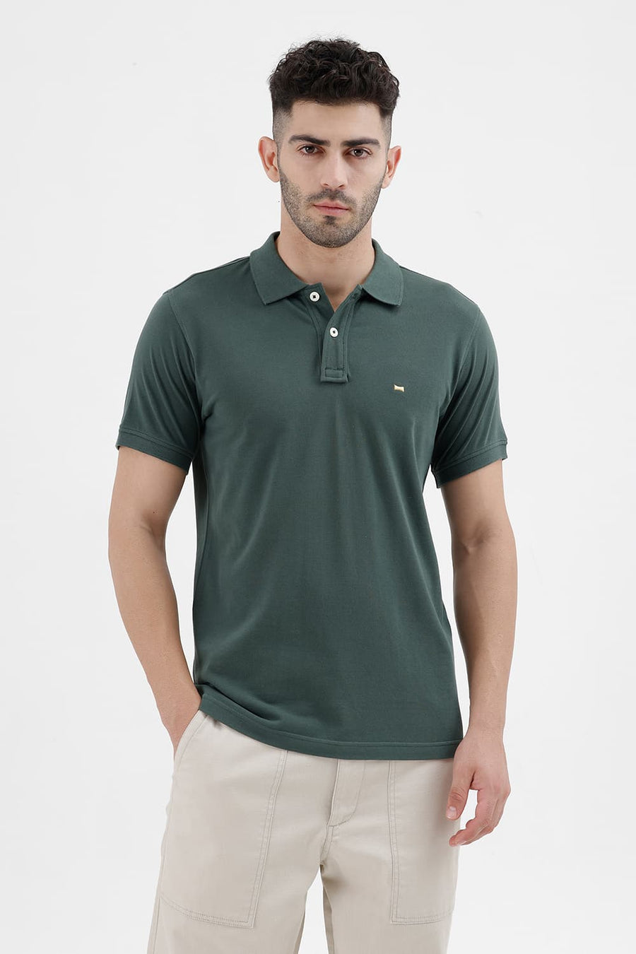 BASICS REGULAR FIT CILANTRO COTTON POLO T-SHIRT